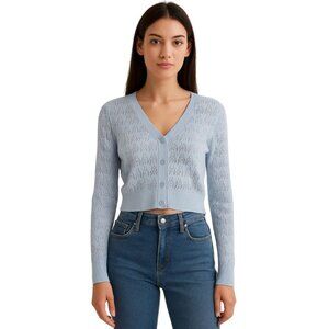 NWOT DKNY Jeans Baby Blue Pointelle Knit Cropped Cardigan Size Small